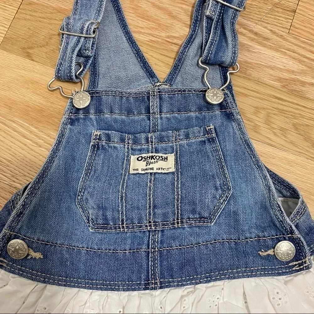 OshKosh Eyelet Denim Overall Dress Sz 2T White Dressall Jean White Lace Girls